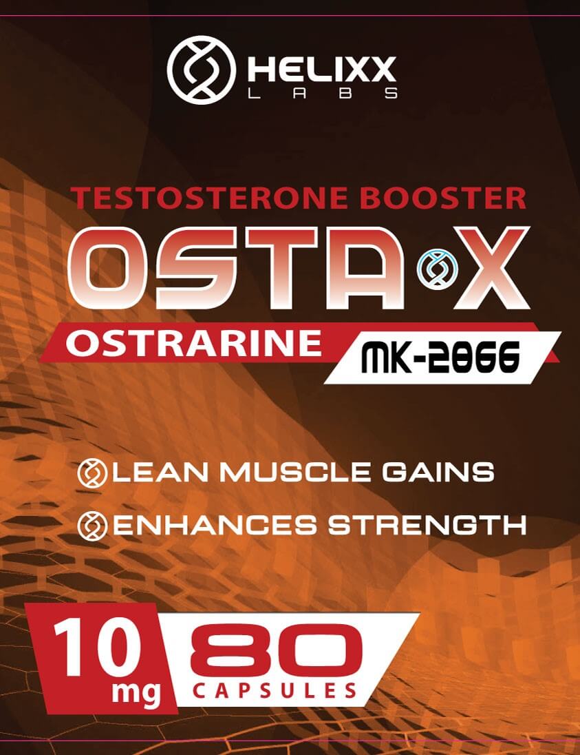 OSTA X Ostrarine MK-2066 by Helixx Labs bottle label - showing 80 capsules of 10mg SARMs Capsules